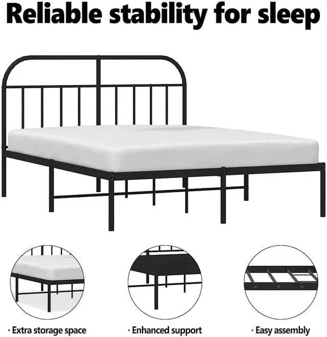 Alt view image 5 of 7 - vidaXL 12 Inch Black Full Size Bed Frame with Headboard, Sturdy Metal Platform Bed Frame & Slats, Extra Under Bed Storage, No Box Spring Needed, without Mattress