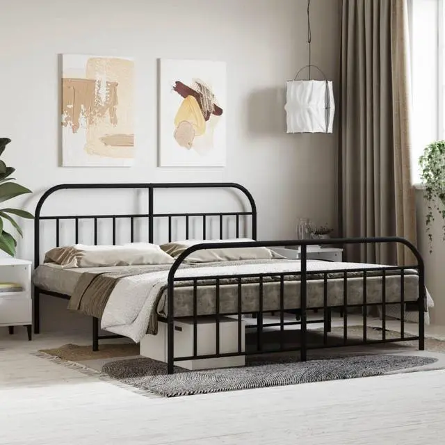 Main image of vidaXL 12 Inch Black California King Bed Frame with Headboard & Footboard, Sturdy Metal Platform Bed Frame & Slats, Extra Under Bed Storage, No Box Spring Needed, without Mattress