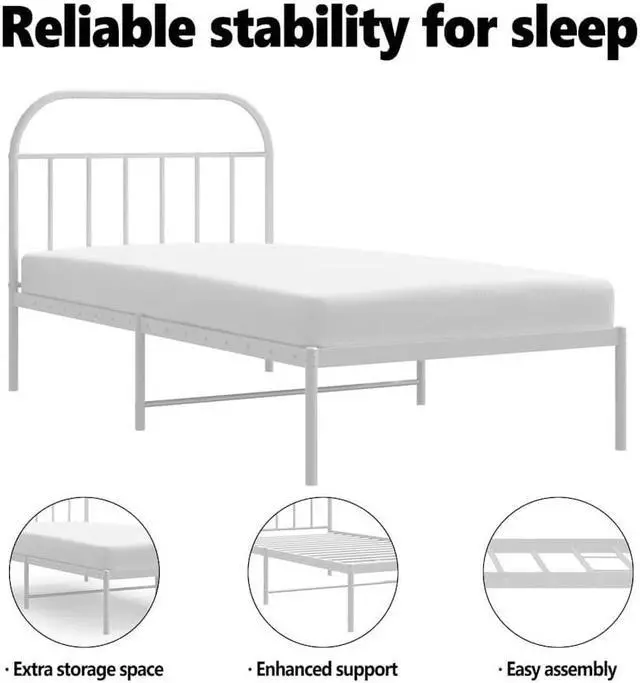 Alt view image 5 of 7 - vidaXL 12 Inch White Twin XL Bed Frame with Headboard, Sturdy Metal Platform Bed Frame & Slats, Extra Under Bed Storage, No Box Spring Needed, without Mattress