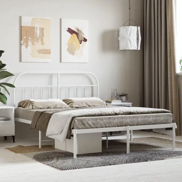 Main image of vidaXL 12 Inch White Queen Bed Frame with Headboard, Sturdy Metal Platform Bed Frame & Slats, Extra Under Bed Storage, No Box Spring Needed, without Mattress