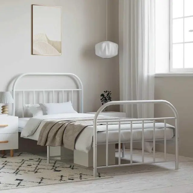Main image of vidaXL 12 Inch White Twin Bed Frame with Headboard & Footboard, Sturdy Metal Platform Bed Frame & Slats, Extra Under Bed Storage, No Box Spring Needed, without Mattress