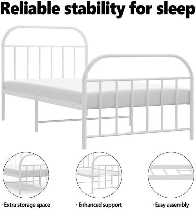 Alt view image 5 of 7 - vidaXL 12 Inch White Twin Bed Frame with Headboard & Footboard, Sturdy Metal Platform Bed Frame & Slats, Extra Under Bed Storage, No Box Spring Needed, without Mattress