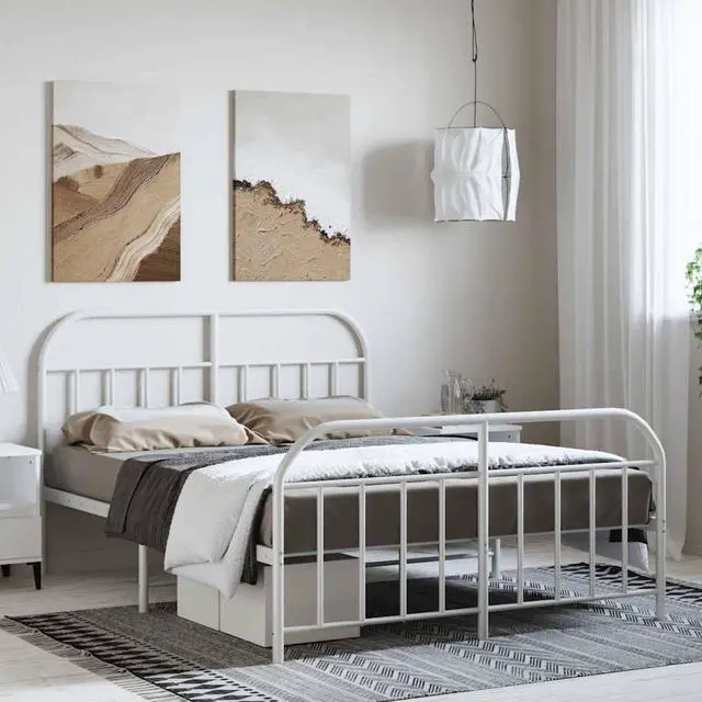 Main image of vidaXL 12 Inch White Full Size Bed Frame with Headboard & Footboard, Sturdy Metal Platform Bed Frame & Slats, Extra Under Bed Storage, No Box Spring Needed, without Mattress