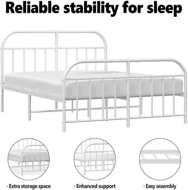 Alt view image 5 of 7 - vidaXL 12 Inch White Full Size Bed Frame with Headboard & Footboard, Sturdy Metal Platform Bed Frame & Slats, Extra Under Bed Storage, No Box Spring Needed, without Mattress
