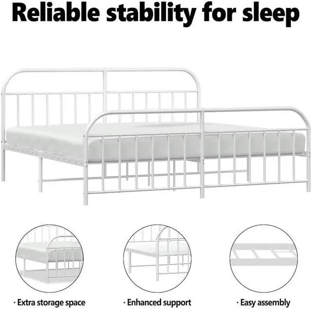 Alt view image 5 of 7 - vidaXL 12 Inch White King Size Bed Frame with Headboard & Footboard, Sturdy Metal Platform Bed Frame & Slats, Extra Under Bed Storage, No Box Spring Needed, without Mattress