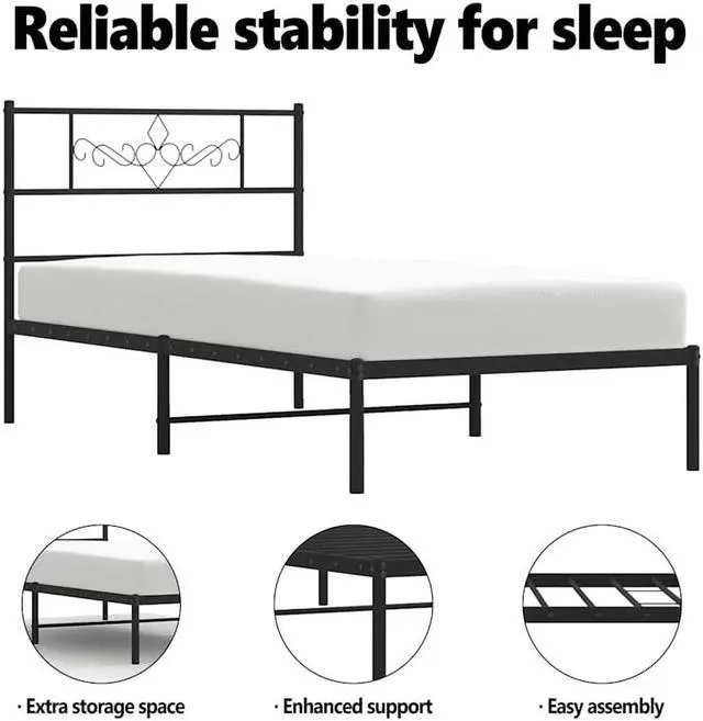 Alt view image 5 of 7 - vidaXL 12 Inch Modern Black Twin XL Bed Frame with Headboard, Sturdy Metal Platform Bed Frame & Slats, Extra Under Bed Storage, No Box Spring Needed, without Mattress
