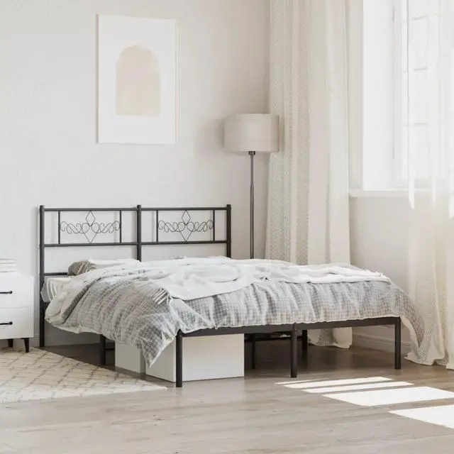 Main image of vidaXL 12 Inch Modern Black Full Size Bed Frame with Headboard, Sturdy Metal Platform Bed Frame & Slats, Extra Under Bed Storage, No Box Spring Needed, without Mattress