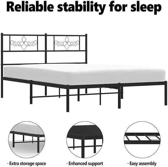 Alt view image 5 of 7 - vidaXL 12 Inch Modern Black Full Size Bed Frame with Headboard, Sturdy Metal Platform Bed Frame & Slats, Extra Under Bed Storage, No Box Spring Needed, without Mattress