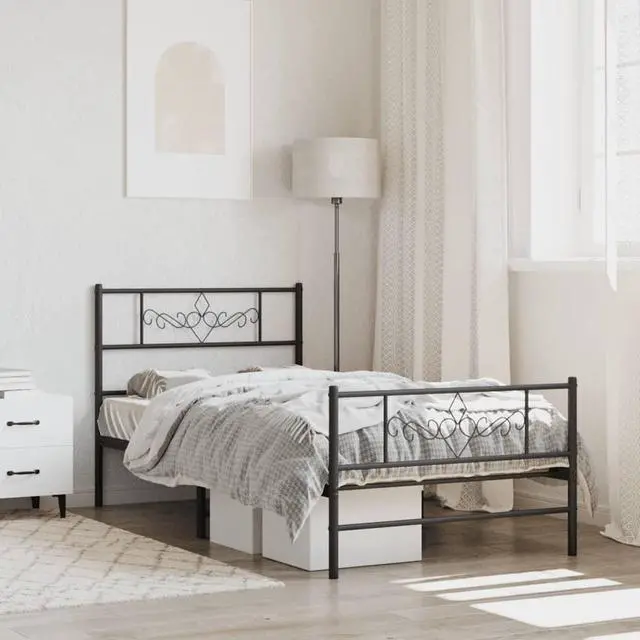 Main image of vidaXL 12 Inch Modern Black Twin Bed Frame with Headboard & Footboard, Sturdy Metal Platform Bed Frame & Slats, Extra Under Bed Storage, No Box Spring Needed, without Mattress