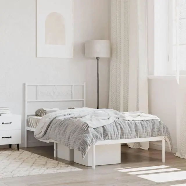Main image of vidaXL 12 Inch Modern White Twin Bed Frame with Headboard, Sturdy Metal Platform Bed Frame & Slats, Extra Under Bed Storage, No Box Spring Needed, without Mattress