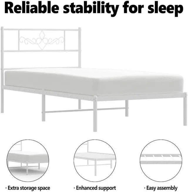 Alt view image 5 of 7 - vidaXL 12 Inch Modern White Twin Bed Frame with Headboard, Sturdy Metal Platform Bed Frame & Slats, Extra Under Bed Storage, No Box Spring Needed, without Mattress