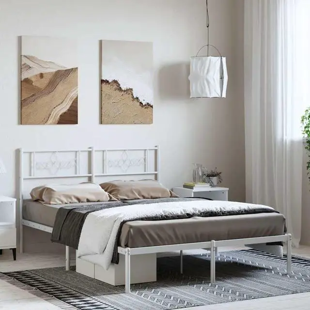 Main image of vidaXL 12 Inch Modern White Full Size Bed Frame with Headboard, Sturdy Metal Platform Bed Frame & Slats, Extra Under Bed Storage, No Box Spring Needed, without Mattress