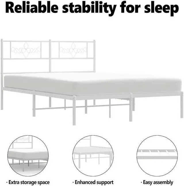 Alt view image 5 of 7 - vidaXL 12 Inch Modern White Full Size Bed Frame with Headboard, Sturdy Metal Platform Bed Frame & Slats, Extra Under Bed Storage, No Box Spring Needed, without Mattress