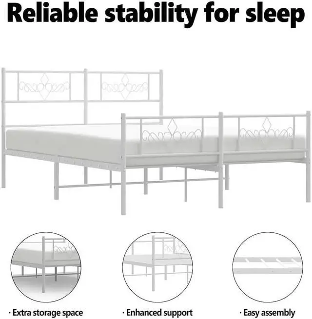 Alt view image 5 of 7 - vidaXL 12 Inch Modern White Full Size Bed Frame with Headboard & Footboard, Sturdy Metal Platform Bed Frame & Slats, Extra Under Bed Storage, No Box Spring Needed, without Mattress