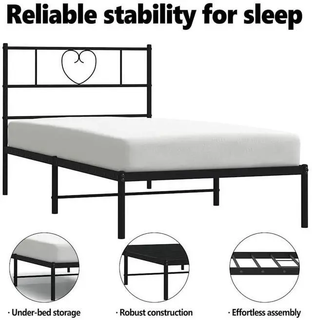 Alt view image 5 of 7 - vidaXL Twin XL Metal Bed Frame with Headboard and Stable Slats, Under Bed Storage Space, Sturdy Steel Construction and Easy Assembly, Minimalist Style, Black, 12'' High, without Mattress