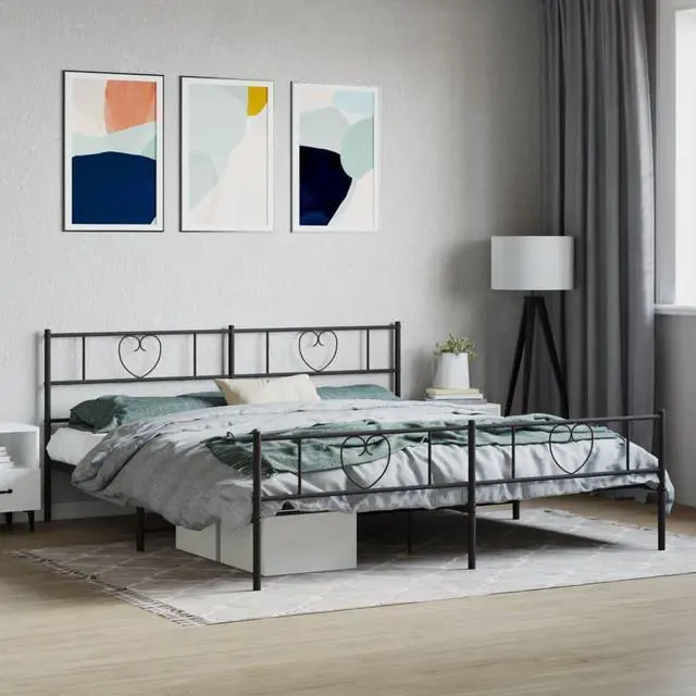 Main image of vidaXL Califonia King Metal Bed Frame with Headboard and Footboard, Under Bed Storage Space, Sturdy Steel Construction and Easy Assembly, Minimalist Style, Black, 12'' High, without Mattress