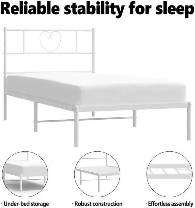 Alt view image 5 of 7 - vidaXL Twin Metal Bed Frame with Headboard and Stable Slats, Under Bed Storage Space, Sturdy Steel Construction and Easy Assembly, Minimalist Style, White, 12'' High, without Mattress