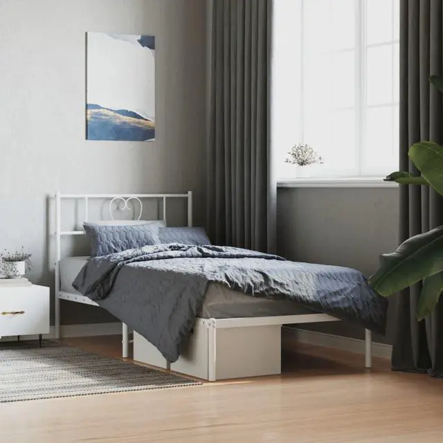 Main image of vidaXL Twin XL Metal Bed Frame with Headboard and Stable Slats, Under Bed Storage Space, Sturdy Steel Construction and Easy Assembly, Minimalist Style, White, 12'' High, without Mattress