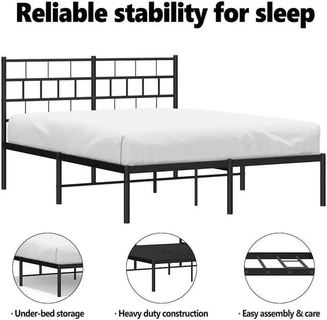 Alt view image 5 of 7 - vidaXL 12-Inch Black Metal Full Bed Frame with Headboard, Heavy-Duty Slats Support with Under-Bed Storage for Modern Bedroom, No Box Spring Needed & Easy Assembly, No Mattress
