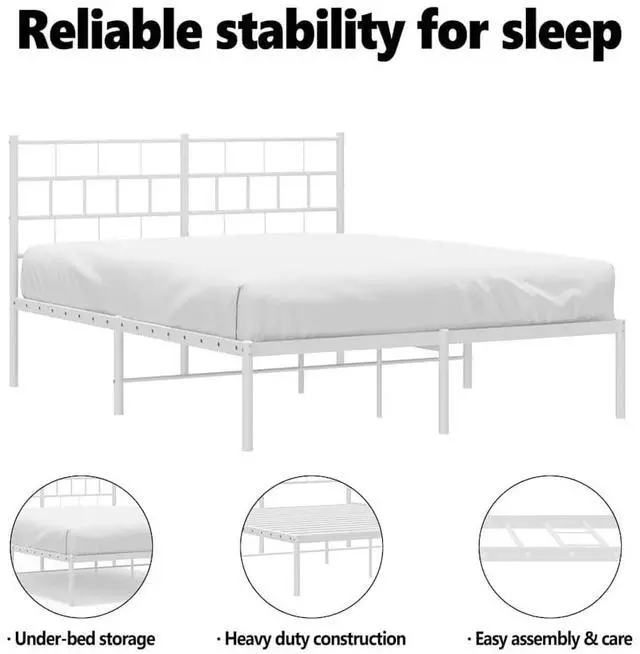 Alt view image 5 of 7 - vidaXL 12-Inch White Metal Full Bed Frame with Headboard, Heavy-Duty Slats Support with Under-Bed Storage for Modern Bedroom, No Box Spring Needed & Easy Assembly, No Mattress