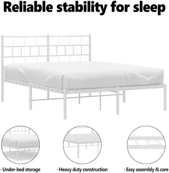 Alt view image 5 of 7 - vidaXL 12-Inch White Metal Queen Bed Frame with Headboard, Heavy-Duty Slats Support with Under-Bed Storage for Modern Bedroom, No Box Spring Needed & Easy Assembly, No Mattress
