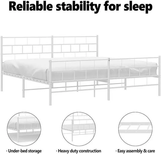 Alt view image 5 of 7 - vidaXL 12-Inch White Metal King Bed Frame with Headboard & Footboard, Heavy-Duty Slats Support with Under-Bed Storage for Modern Bedroom, No Box Spring Needed & Easy Assembly, No Mattress