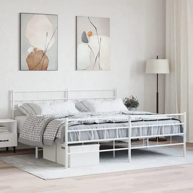 Main image of vidaXL 12-Inch White Metal King Bed Frame with Headboard & Footboard, Heavy-Duty Slats Support with Under-Bed Storage for Modern Bedroom, No Box Spring Needed & Easy Assembly, No Mattress