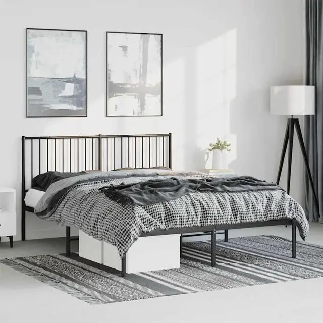 Main image of vidaXL 12-Inch Black Metal Queen Bed Frame with Headboard, Heavy-Duty Construction with Under-Bed Storage for Modern Bedroom, No Box Spring Needed & Easy Assembly, No Mattress