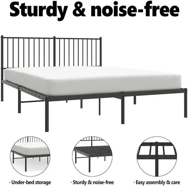 Alt view image 5 of 7 - vidaXL 12-Inch Black Metal Queen Bed Frame with Headboard, Heavy-Duty Construction with Under-Bed Storage for Modern Bedroom, No Box Spring Needed & Easy Assembly, No Mattress