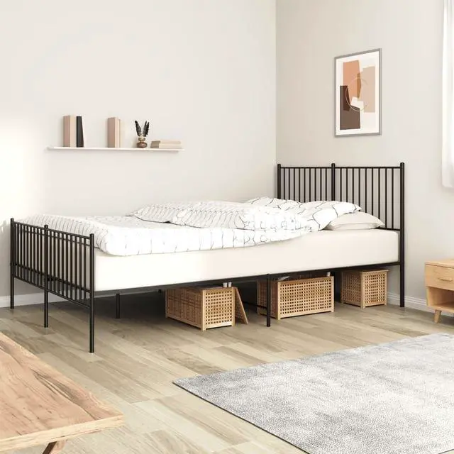 Main image of vidaXL 12-Inch Black Metal Queen Bed Frame with Headboard & Footboard, Heavy-Duty Construction with Under-Bed Storage for Modern Bedroom, No Box Spring Needed & Easy Assembly, No Mattress
