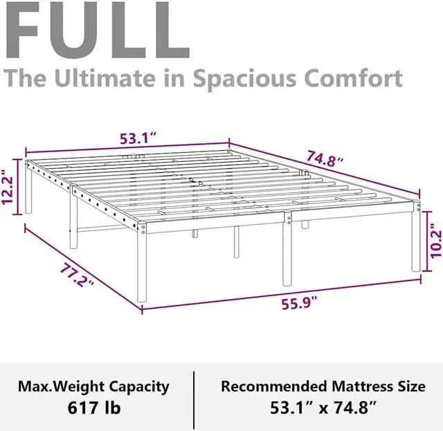 Alt view image 5 of 7 - vidaXL 12-Inch White Metal Full Bed Frame, Heavy-Duty Construction with Under-Bed Storage for Modern Bedroom, No Box Spring Needed & Easy Assembly, No Mattress