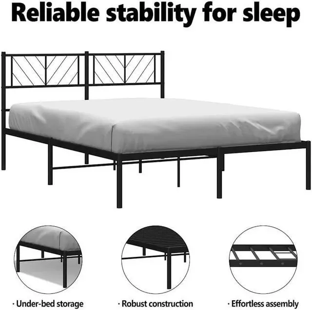 Alt view image 5 of 7 - vidaXL Queen Metal Bed Frame with Headboard and Stable Slats, Under Bed Storage Space, Sturdy Steel Construction and Easy Assembly, Minimalist Style, Black, 12'' High, without Mattress