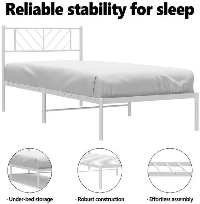 Alt view image 5 of 7 - vidaXL Twin Metal Bed Frame with Headboard and Stable Slats, Under Bed Storage Space, Sturdy Steel Construction and Easy Assembly, Minimalist Style, White, 12'' High, without Mattress