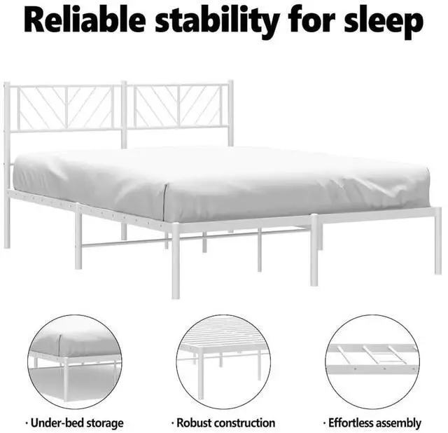 Alt view image 5 of 7 - vidaXL Queen Metal Bed Frame with Headboard and Stable Slats, Under Bed Storage Space, Sturdy Steel Construction and Easy Assembly, Minimalist Style, White, 12'' High, without Mattress