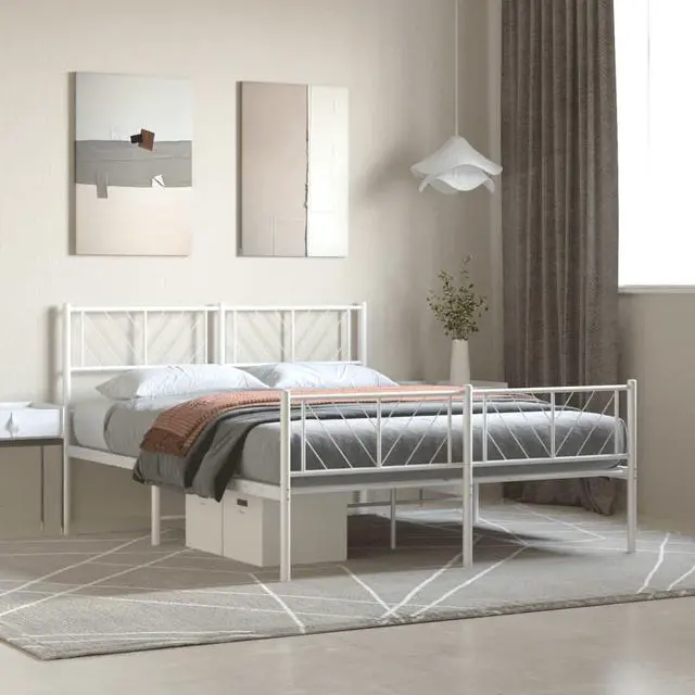 Main image of vidaXL Queen Metal Bed Frame with Headboard and Footboard, Under Bed Storage Space, Sturdy Steel Construction and Easy Assembly, Minimalist Style, White, 12'' High, without Mattress