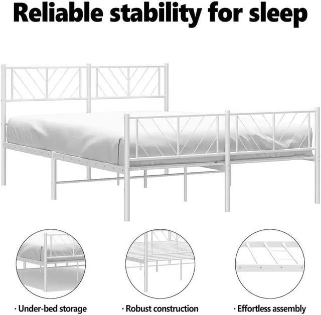 Alt view image 5 of 7 - vidaXL Queen Metal Bed Frame with Headboard and Footboard, Under Bed Storage Space, Sturdy Steel Construction and Easy Assembly, Minimalist Style, White, 12'' High, without Mattress