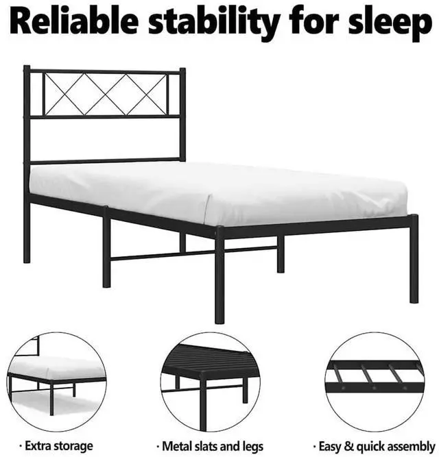 Alt view image 5 of 7 - vidaXL 12'' Metal Twin XL Bed Frames with Headboard, Platform Bed Frame with Strong Metal Slats Support, Under Bed Storage, Noise Free, Black, without Mattress