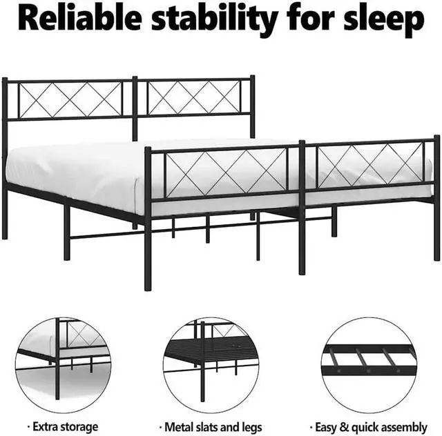 Alt view image 5 of 7 - vidaXL 12'' Metal Full Bed Frames with Headboard and Footboard, Platform Bed Frame with Strong Metal Slats Support, Under Bed Storage, Noise Free, Black, without Mattress