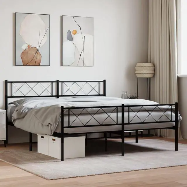 Main image of vidaXL 12'' Metal Queen Bed Frames with Headboard and Footboard, Platform Bed Frame with Strong Metal Slats Support, Under Bed Storage, Noise Free, Black, without Mattress