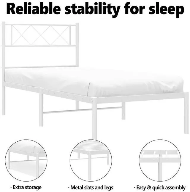 Alt view image 5 of 7 - vidaXL 12'' Twin Metal Bed Frames with Headboard, Platform Bed Frame with Strong Metal Slats Support, Under Bed Storage, Noise Free, White, without Mattress