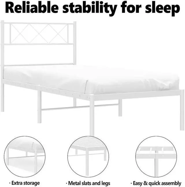 Alt view image 5 of 7 - vidaXL 12'' Metal Twin XL Bed Frames with Headboard, Platform Bed Frame with Strong Metal Slats Support, Under Bed Storage, Noise Free, White, without Mattress