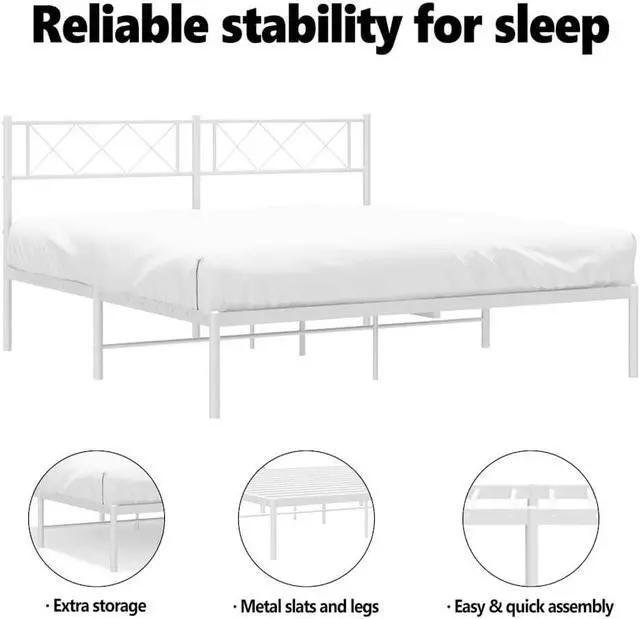 Alt view image 5 of 7 - vidaXL 12'' Metal Full Bed Frames with Headboard, Platform Bed Frame with Strong Metal Slats Support, Under Bed Storage, Noise Free, White, without Mattress