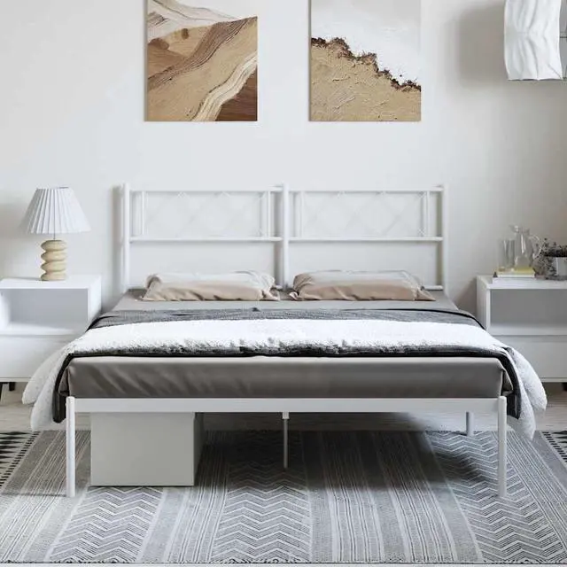 Alt view image 3 of 7 - vidaXL 12'' Metal Full Bed Frames with Headboard, Platform Bed Frame with Strong Metal Slats Support, Under Bed Storage, Noise Free, White, without Mattress