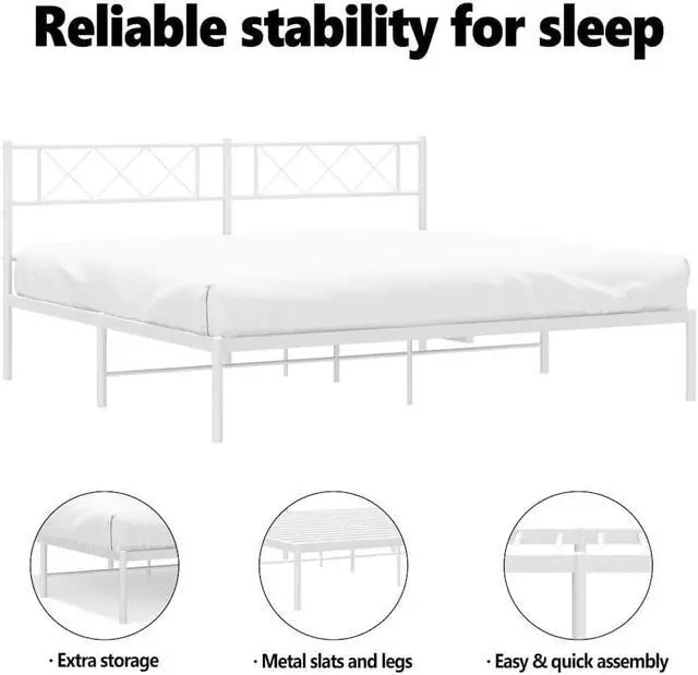 Alt view image 5 of 7 - vidaXL 12'' California King Metal Bed Frames with Headboard, Platform Bed Frame with Strong Metal Slats Support, Under Bed Storage, Noise Free, White, without Mattress
