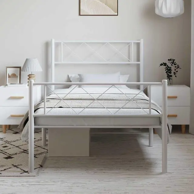 Alt view image 3 of 7 - vidaXL 12'' Metal Twin XL Bed Frames with Headboard and Footboard, Platform Bed Frame with Strong Metal Slats Support, Under Bed Storage, Noise Free, White, without Mattress