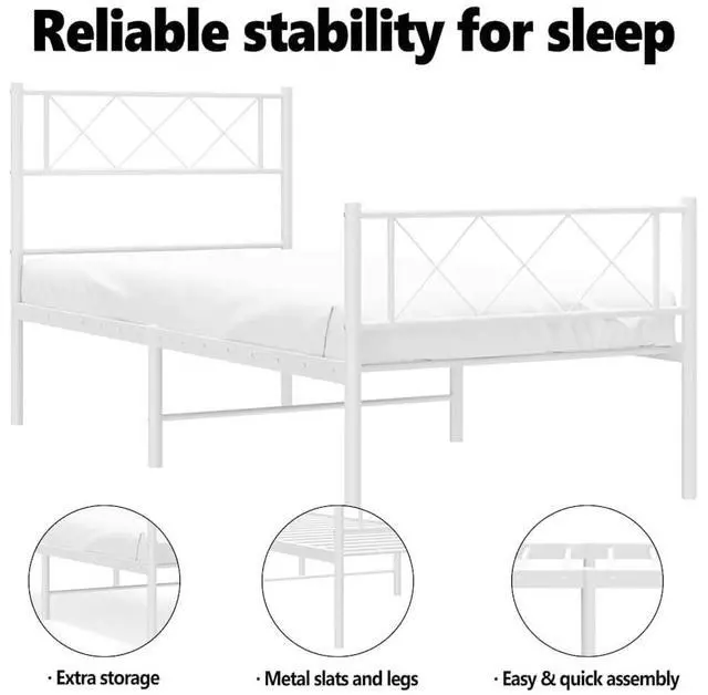 Alt view image 5 of 7 - vidaXL 12'' Metal Twin XL Bed Frames with Headboard and Footboard, Platform Bed Frame with Strong Metal Slats Support, Under Bed Storage, Noise Free, White, without Mattress