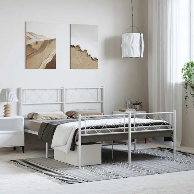 Main image of vidaXL 12'' Metal Queen Bed Frames with Headboard and Footboard, Platform Bed Frame with Strong Metal Slats Support, Under Bed Storage, Noise Free, White, without Mattress