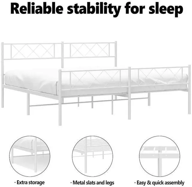 Alt view image 5 of 7 - vidaXL 12'' California King Metal Bed Frames with Headboard and Footboard, Platform Bed Frame with Strong Metal Slats Support, Under Bed Storage, Noise Free, White, without Mattress