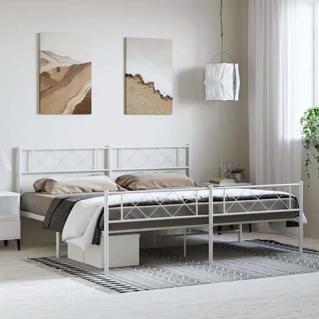 Main image of vidaXL 12'' King Metal Bed Frames with Headboard and Footboard, Platform Bed Frame with Strong Metal Slats Support, Under Bed Storage, Noise Free, White, without Mattress