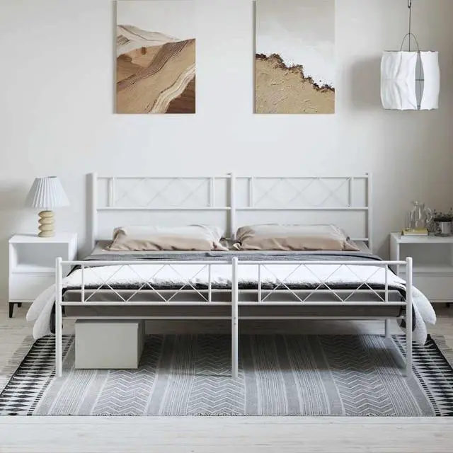 Alt view image 3 of 7 - vidaXL 12'' King Metal Bed Frames with Headboard and Footboard, Platform Bed Frame with Strong Metal Slats Support, Under Bed Storage, Noise Free, White, without Mattress